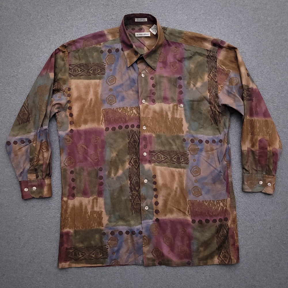 VTG Burman Bimas Button Up Shirt Mens Medium Cotton Lawn Abstract Tribal African
